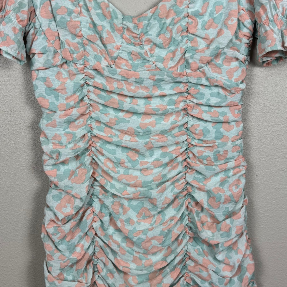 Runaway The Label Ruched Mini Dress Puff Sleeve Sweetheart Leopard Print US 6 - Picture 2 of 8